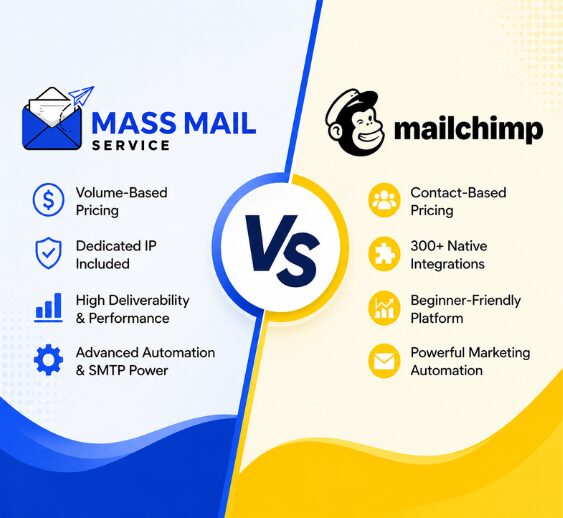Mass Mail Service vs Mailchimp comparison showing pricing, deliverability, and automation differences.