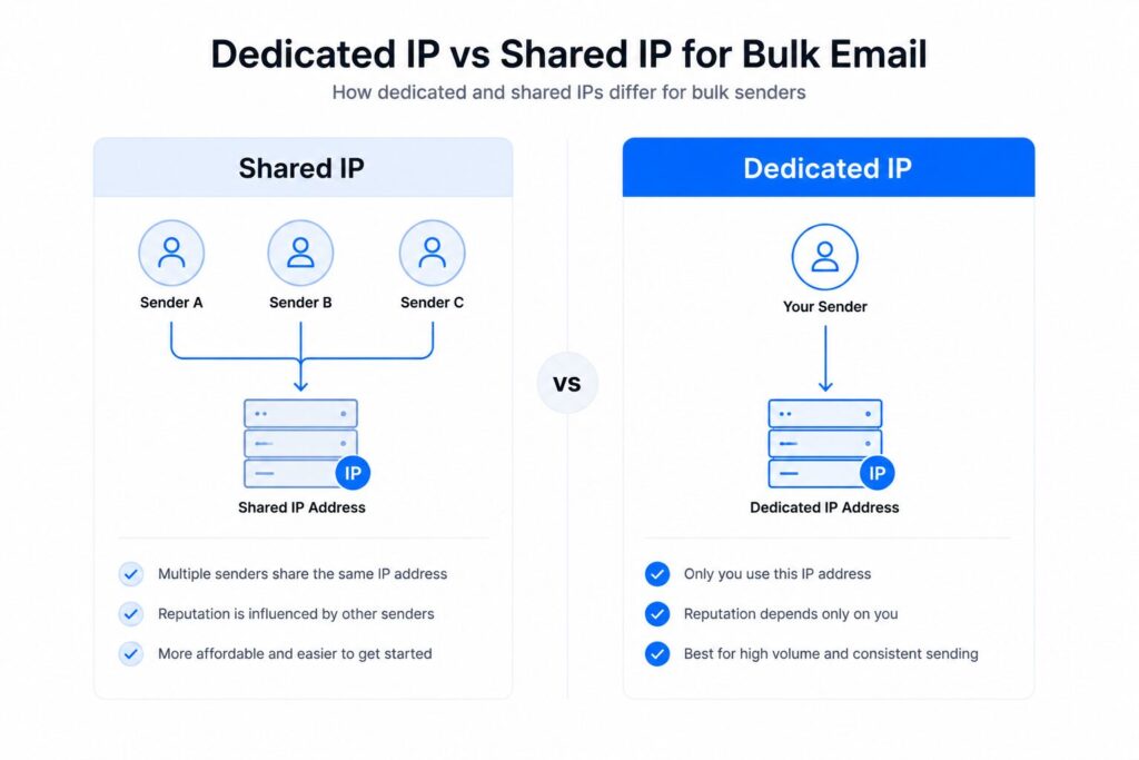 Comparison graphic of dedicated IP versus shared IP for bulk email sending
