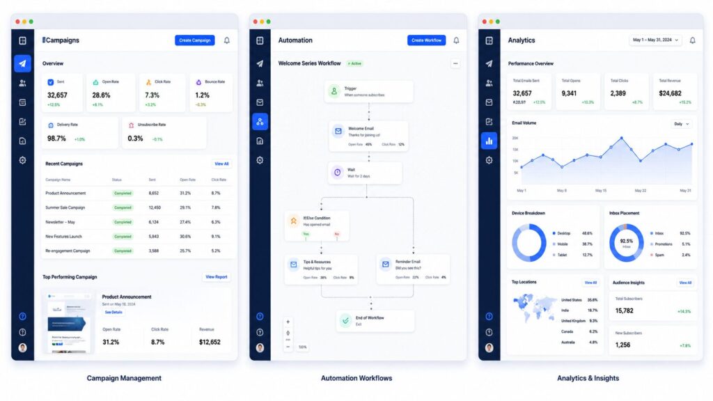 Side-by-side dashboard comparison of three leading bulk email tools